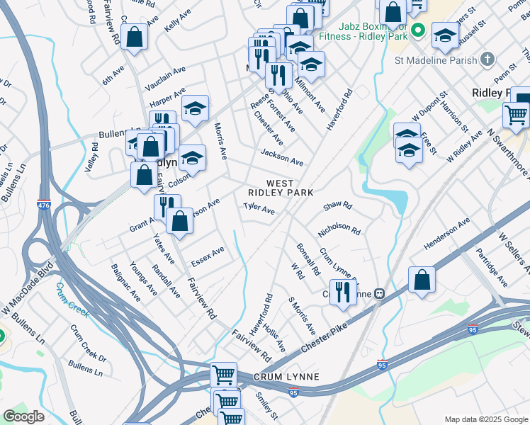 map of restaurants, bars, coffee shops, grocery stores, and more near 113 Tyler Avenue in Woodlyn