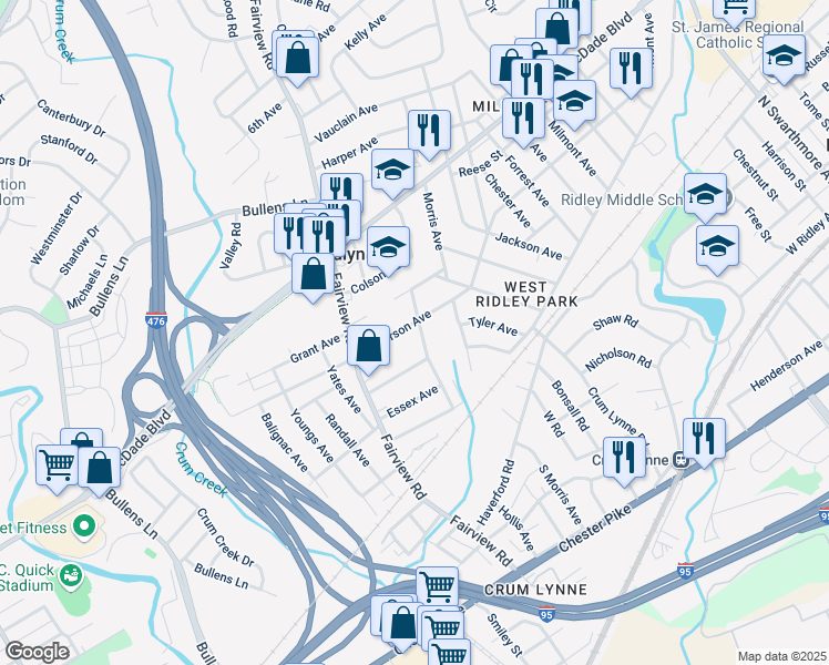 map of restaurants, bars, coffee shops, grocery stores, and more near 1204 Jefferson Avenue in Woodlyn