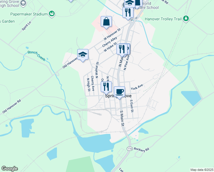 map of restaurants, bars, coffee shops, grocery stores, and more near 76 North Water Street in Spring Grove