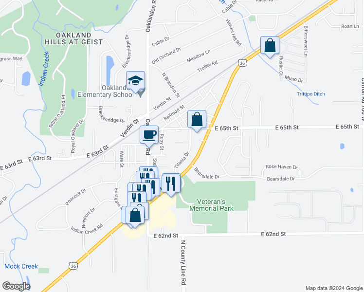 map of restaurants, bars, coffee shops, grocery stores, and more near 11949 Titania Circle in Indianapolis