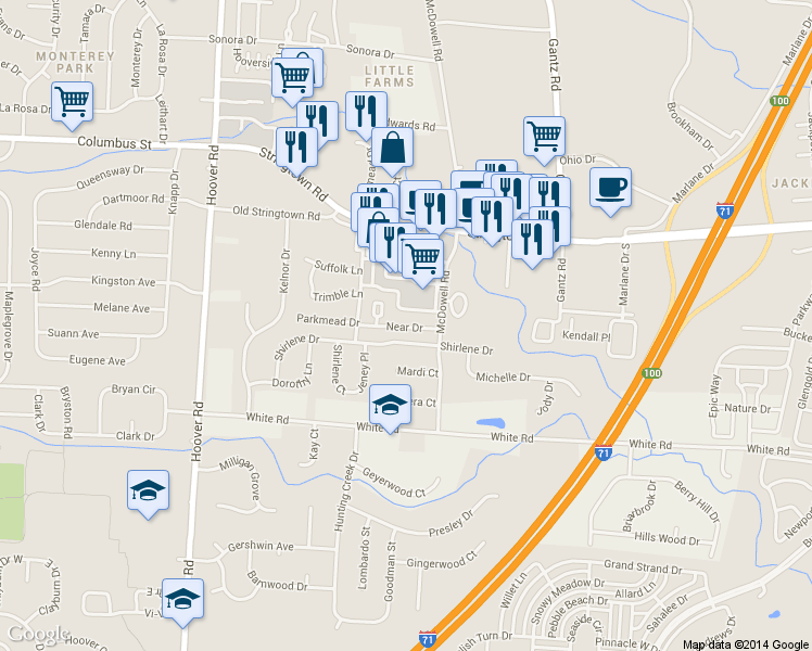 map of restaurants, bars, coffee shops, grocery stores, and more near 2214 Near Drive in Grove City