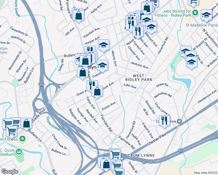 map of restaurants, bars, coffee shops, grocery stores, and more near 1204 Jefferson Avenue in Woodlyn