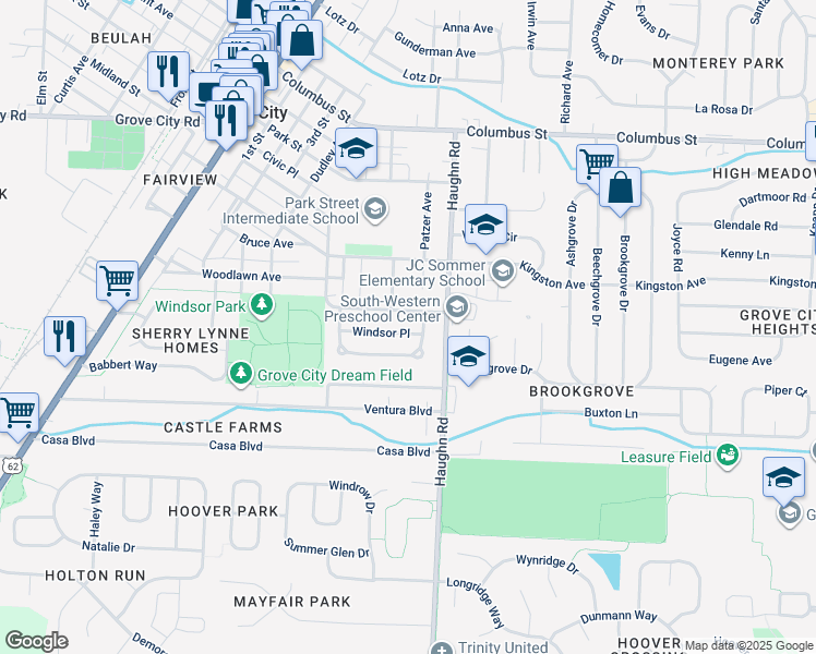 map of restaurants, bars, coffee shops, grocery stores, and more near 3146 Windsor Place in Grove City