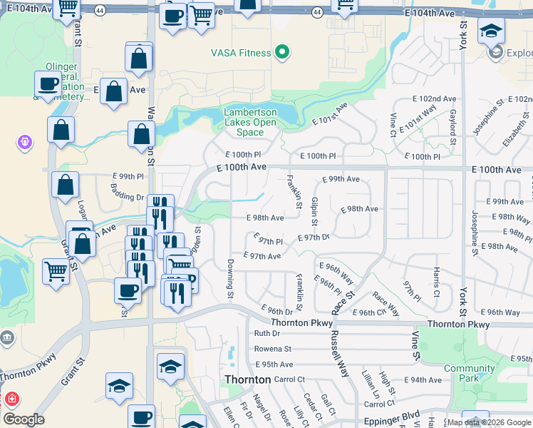 map of restaurants, bars, coffee shops, grocery stores, and more near 9825 Lafayette Street in Thornton