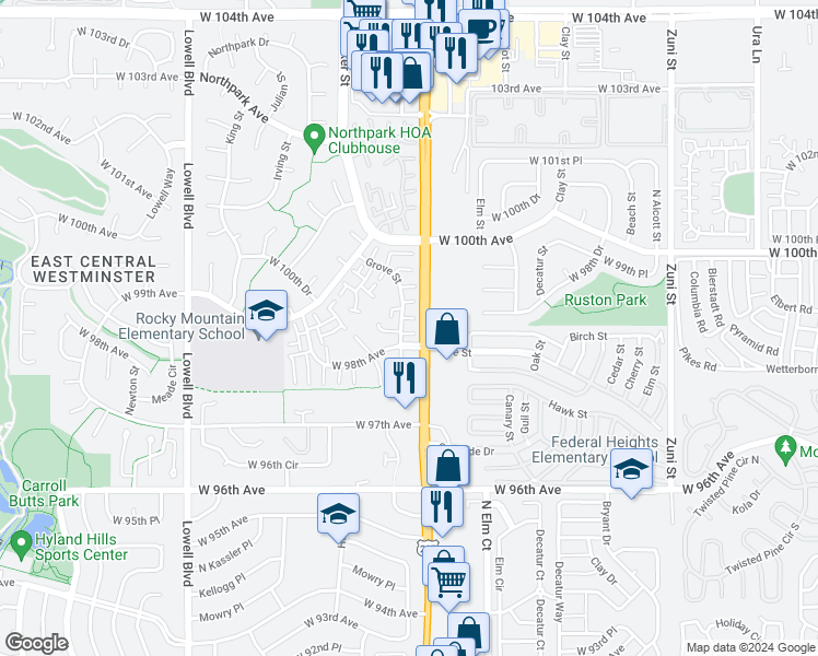 map of restaurants, bars, coffee shops, grocery stores, and more near 9834 Grove Street in Westminster