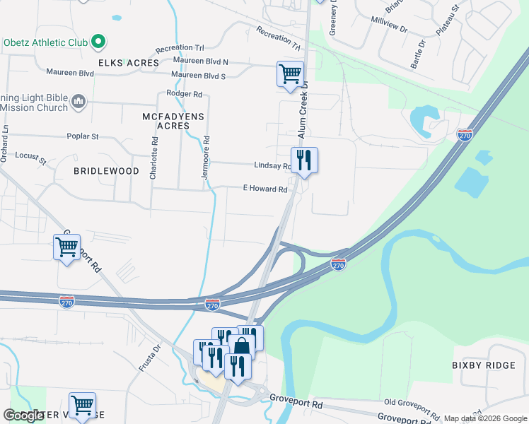 map of restaurants, bars, coffee shops, grocery stores, and more near 2508 Bridlewood Court in Obetz