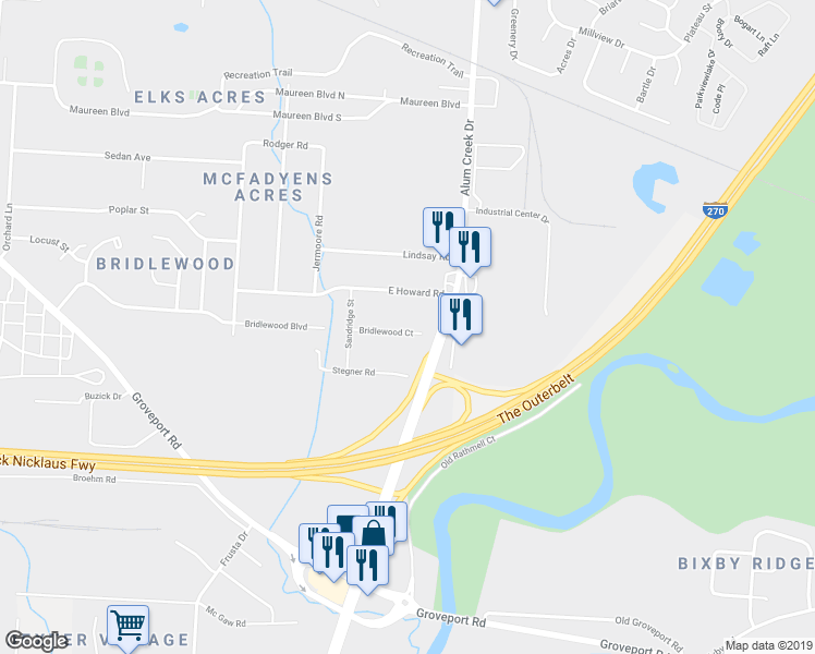 map of restaurants, bars, coffee shops, grocery stores, and more near 2513 Bridlewood Court in Obetz