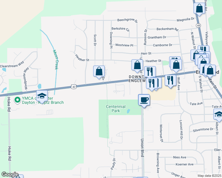 map of restaurants, bars, coffee shops, grocery stores, and more near 600 National Road in Englewood
