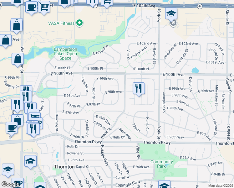 map of restaurants, bars, coffee shops, grocery stores, and more near 1838 East 98th Avenue in Thornton