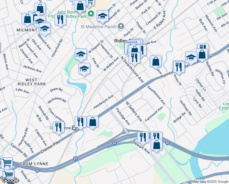 map of restaurants, bars, coffee shops, grocery stores, and more near 5 Henderson Avenue in Ridley Park