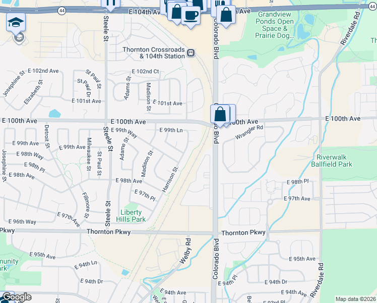 map of restaurants, bars, coffee shops, grocery stores, and more near 9951 Harrison Street in Thornton