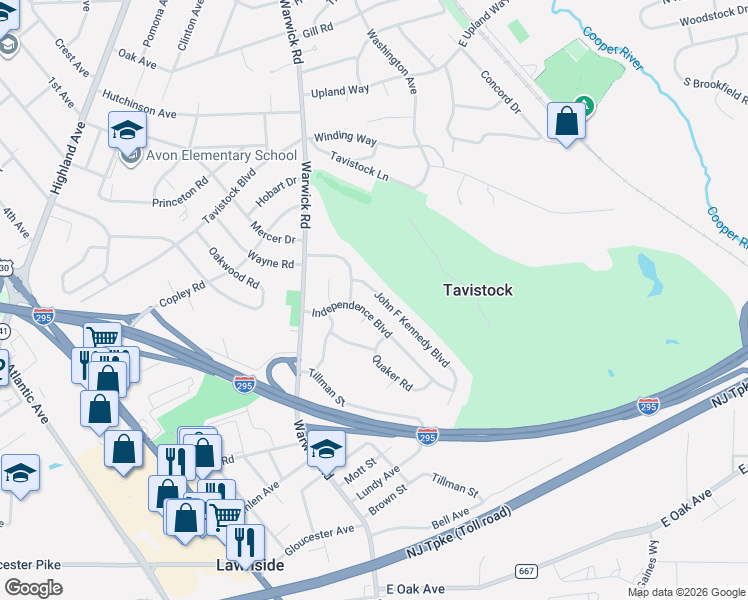 map of restaurants, bars, coffee shops, grocery stores, and more near 214 John F Kennedy Boulevard in Lawnside