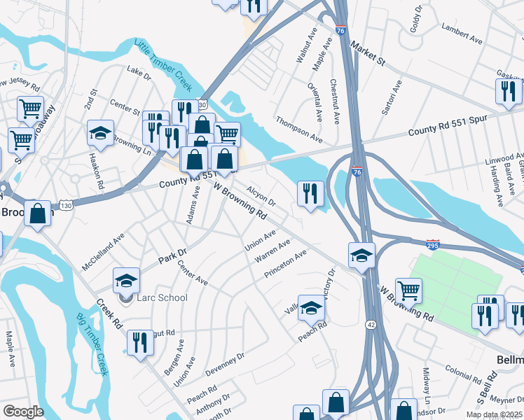 map of restaurants, bars, coffee shops, grocery stores, and more near 939 West Browning Road in Bellmawr