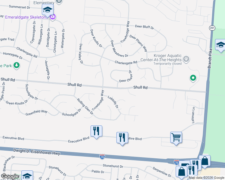 map of restaurants, bars, coffee shops, grocery stores, and more near 6738 Shull Road in Dayton
