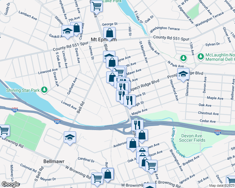 map of restaurants, bars, coffee shops, grocery stores, and more near 259 South Black Horse Pike in Mount Ephraim