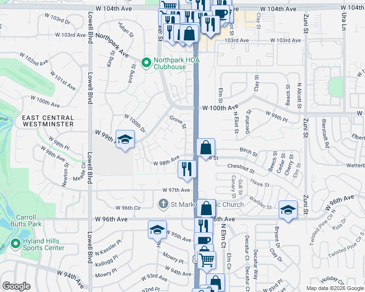 map of restaurants, bars, coffee shops, grocery stores, and more near 9826 Grove Circle in Westminster