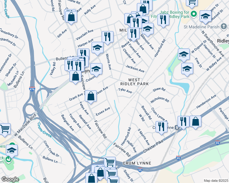 map of restaurants, bars, coffee shops, grocery stores, and more near 1120 Jefferson Avenue in Woodlyn