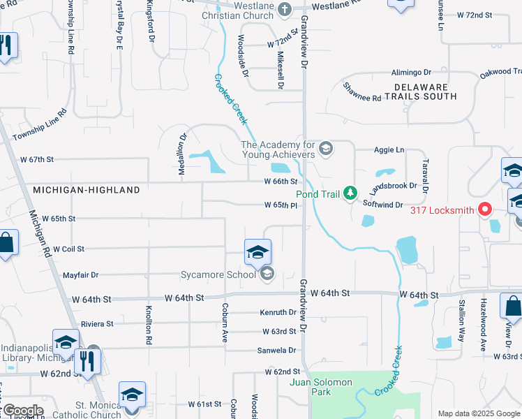 map of restaurants, bars, coffee shops, grocery stores, and more near 1751 West 65th Place in Indianapolis