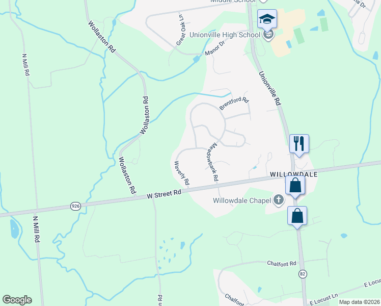 map of restaurants, bars, coffee shops, grocery stores, and more near 822 Waverly Road in Kennett Square