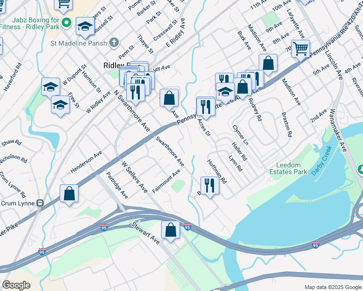 map of restaurants, bars, coffee shops, grocery stores, and more near 20 Princeton Avenue in Ridley Park
