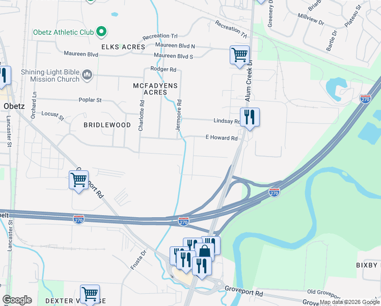 map of restaurants, bars, coffee shops, grocery stores, and more near 4546 Sandridge Street in Obetz