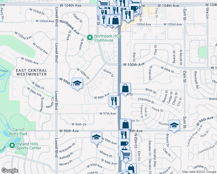 map of restaurants, bars, coffee shops, grocery stores, and more near 9826 Grove Circle in Westminster