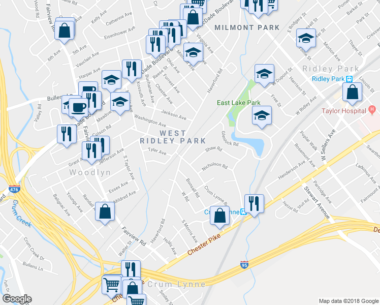 map of restaurants, bars, coffee shops, grocery stores, and more near 466 Hillside Road in Ridley Park