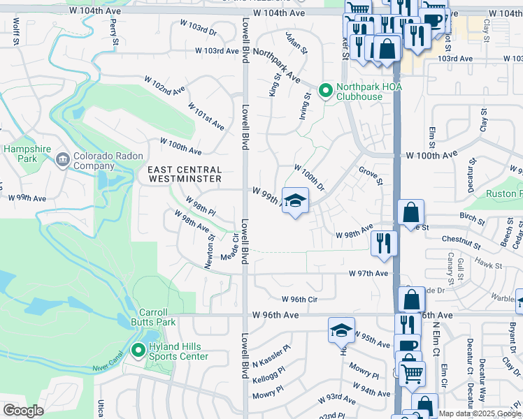 map of restaurants, bars, coffee shops, grocery stores, and more near 3450 West 99th Avenue in Westminster