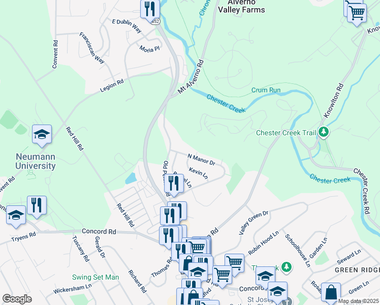 map of restaurants, bars, coffee shops, grocery stores, and more near 325 North Manor Drive in Media