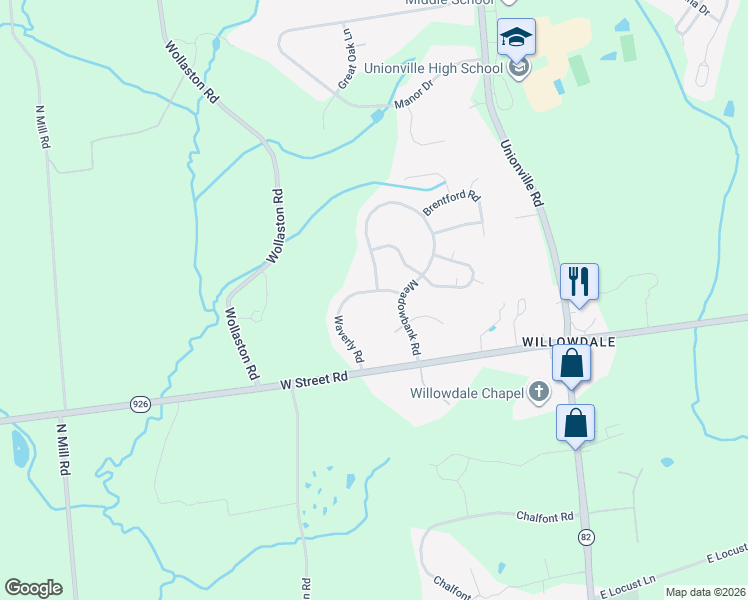 map of restaurants, bars, coffee shops, grocery stores, and more near 822 Waverly Road in Kennett Square