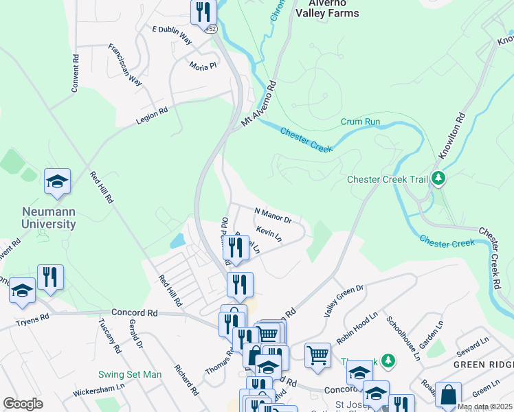 map of restaurants, bars, coffee shops, grocery stores, and more near 325 North Manor Drive in Media