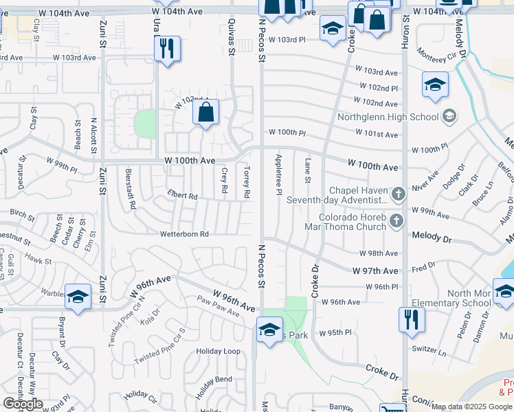 map of restaurants, bars, coffee shops, grocery stores, and more near 9911 North Pecos Street in Thornton