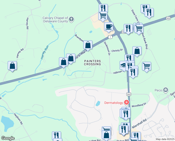 map of restaurants, bars, coffee shops, grocery stores, and more near 1701 Painters Crossing in Chadds Ford