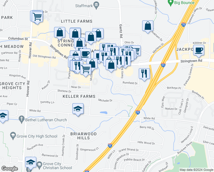 map of restaurants, bars, coffee shops, grocery stores, and more near in Grove City