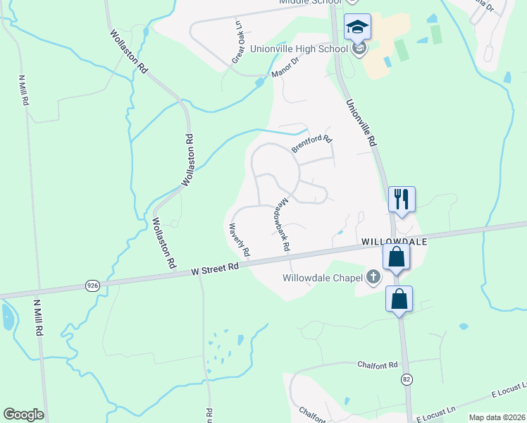 map of restaurants, bars, coffee shops, grocery stores, and more near 822 Waverly Road in Kennett Square