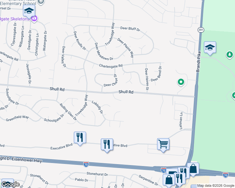 map of restaurants, bars, coffee shops, grocery stores, and more near 6910 Shull Road in Dayton