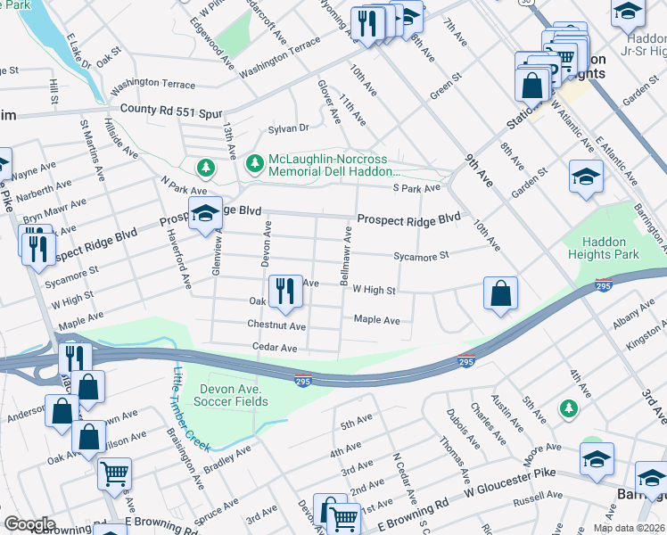 map of restaurants, bars, coffee shops, grocery stores, and more near 1410 West High Street in Haddon Heights
