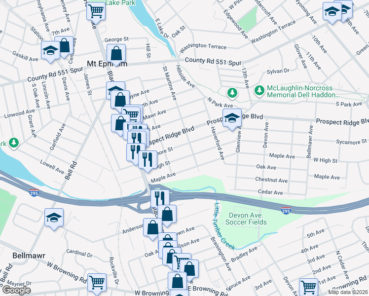 map of restaurants, bars, coffee shops, grocery stores, and more near 1908 Sycamore Street in Haddon Heights