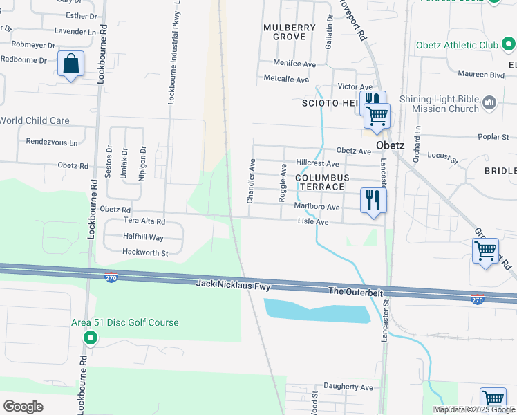 map of restaurants, bars, coffee shops, grocery stores, and more near 1615 Marlboro Avenue in Obetz