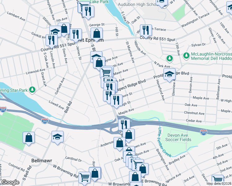 map of restaurants, bars, coffee shops, grocery stores, and more near 2022 Prospect Ridge Boulevard in Haddon Heights
