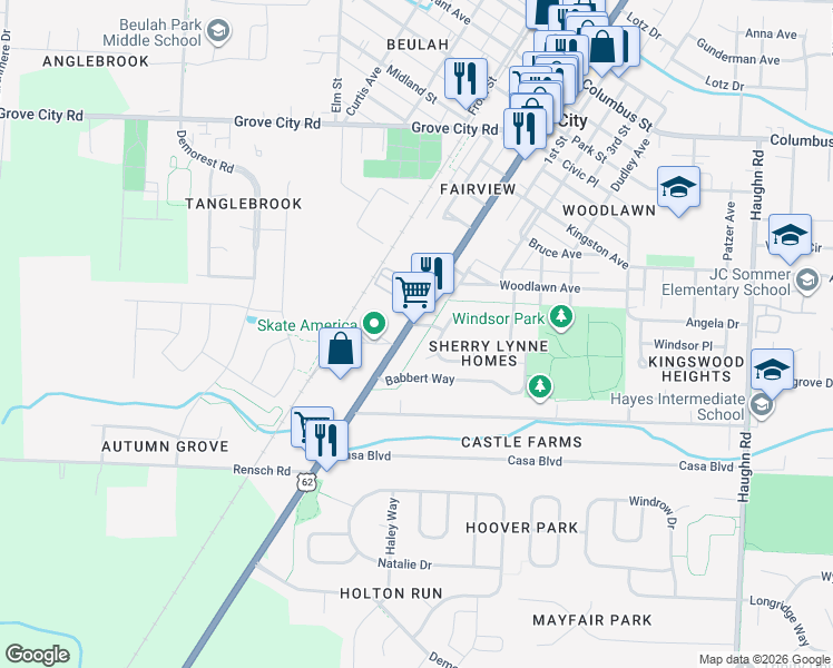 map of restaurants, bars, coffee shops, grocery stores, and more near 4340 Broadway in Grove City