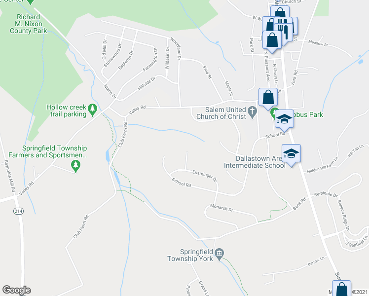 map of restaurants, bars, coffee shops, grocery stores, and more near 6464 Oakwood Court in York