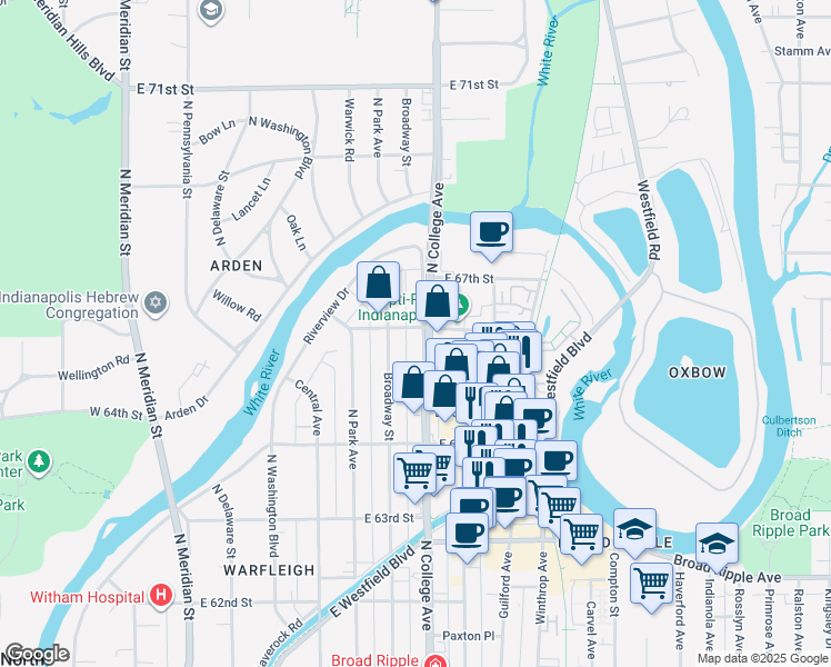 map of restaurants, bars, coffee shops, grocery stores, and more near 665 East 66th Street in Indianapolis