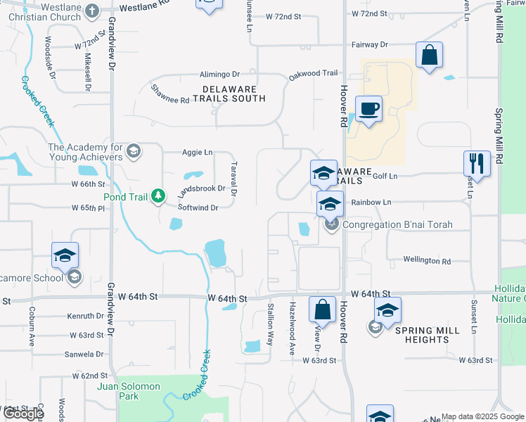 map of restaurants, bars, coffee shops, grocery stores, and more near 6513 Woodmere Circle in Indianapolis