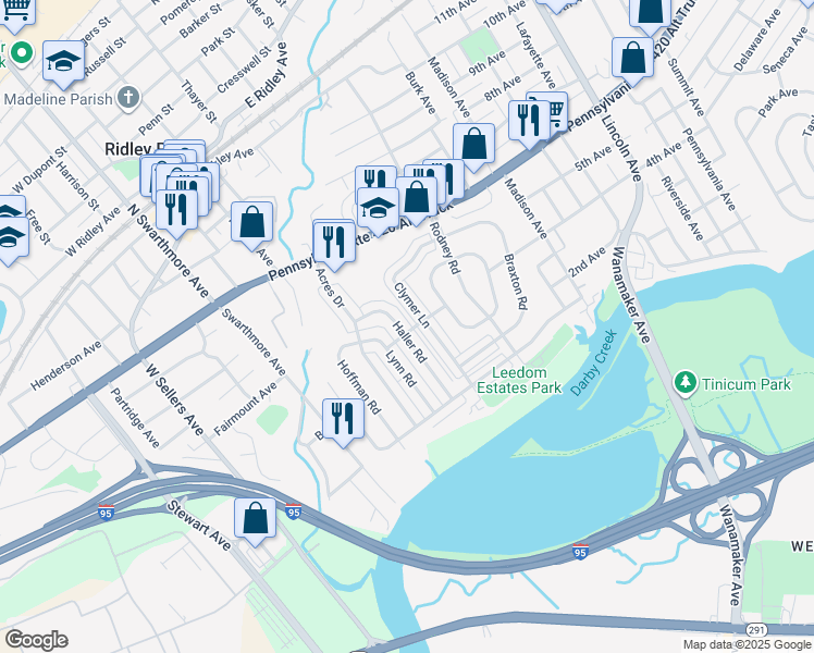 map of restaurants, bars, coffee shops, grocery stores, and more near 146 Haller Road in Ridley Park