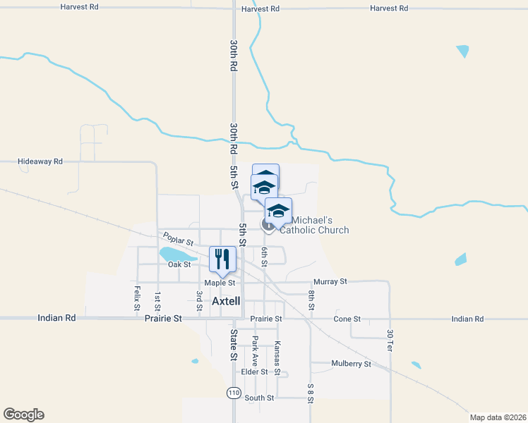 map of restaurants, bars, coffee shops, grocery stores, and more near 700 6th Street in Axtell