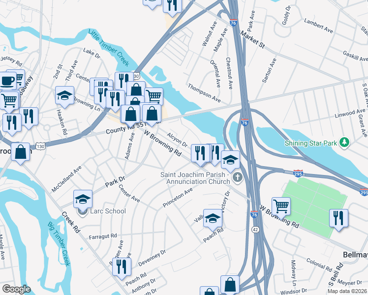 map of restaurants, bars, coffee shops, grocery stores, and more near 928 Alcyon Drive in Bellmawr