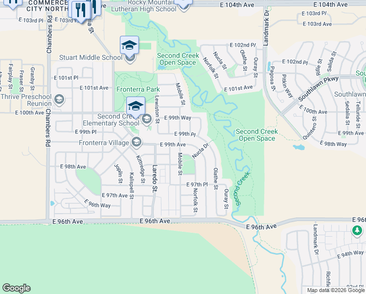 map of restaurants, bars, coffee shops, grocery stores, and more near 16404 East 99th Avenue in Commerce City