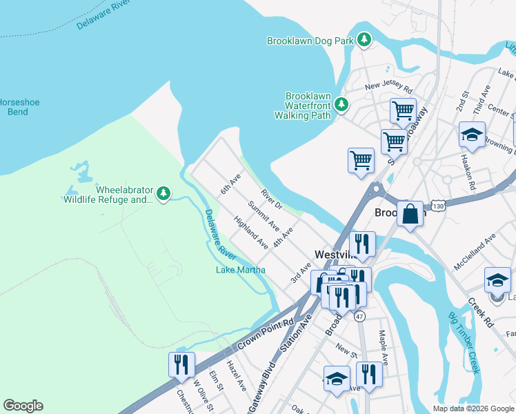 map of restaurants, bars, coffee shops, grocery stores, and more near 501 Summit Avenue in Westville