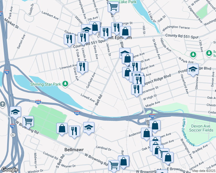 map of restaurants, bars, coffee shops, grocery stores, and more near 341 Liberty Avenue in Mount Ephraim